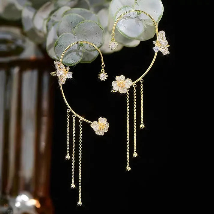 Pendientes de Lujo con Clip Mariposa y Estrella con Borla de Cristal y Circón