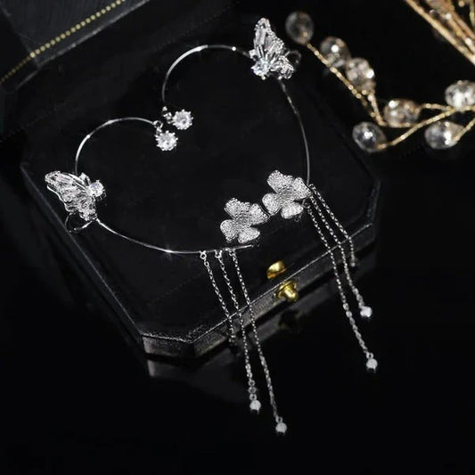 Pendientes de Lujo con Clip Mariposa y Estrella con Borla de Cristal y Circón